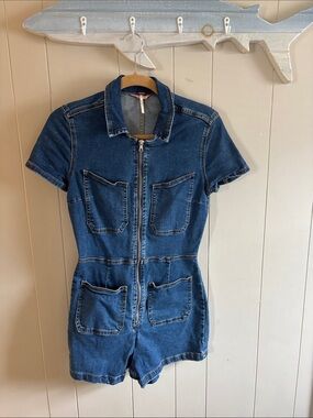 Free People Denim Zip-Front Short Romper - Blue